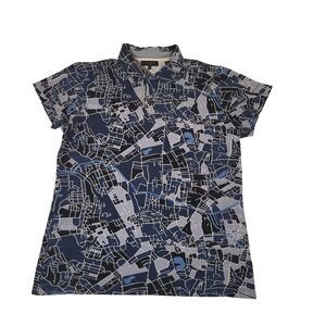 Ted Baker Polo Shirt Mens Size 3 Blue Map Print Short Sleeve Cotton Casual
